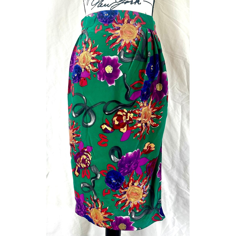 Vintage 100% Silk Carlisle Faux Wrap Midi Pencil Skirt Women's 4 Bold Floral 90s